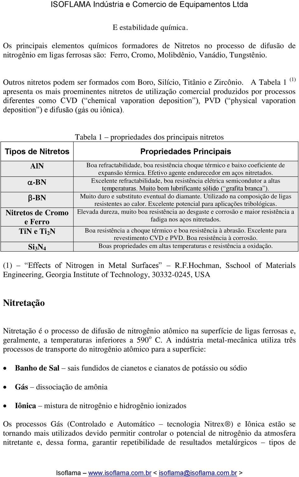 A Tabela 1 (1) apresenta os mais proeminentes nitretos de utilização comercial produzidos por processos diferentes como CVD ( chemical vaporation deposition ), PVD ( physical vaporation deposition )