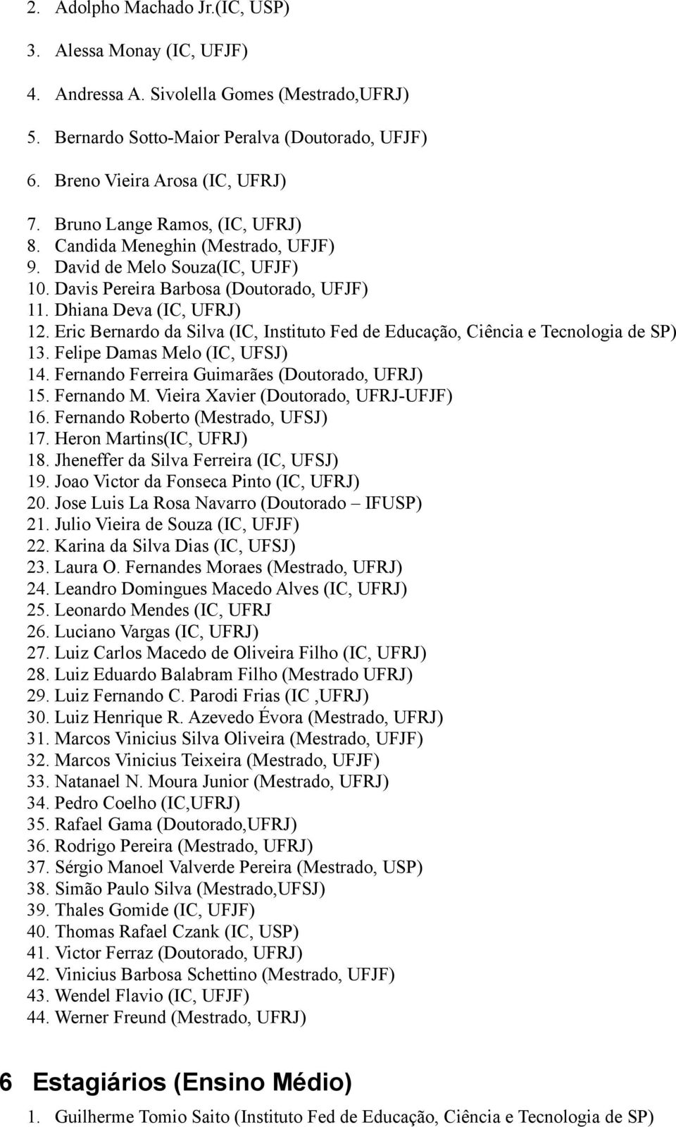 Eric Bernardo da Silva (IC, Instituto Fed de Educação, Ciência e Tecnologia de SP) 13. Felipe Damas Melo (IC, UFSJ) 14. Fernando Ferreira Guimarães (Doutorado, UFRJ) 15. Fernando M.