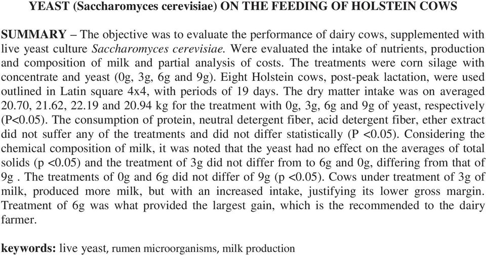 Eight Holstein cows, post-peak lactation, were used outlined in Latin square 4x4, with periods of 19 days. The dry matter intake was on averaged 20.70, 21.62, 22.19 and 20.