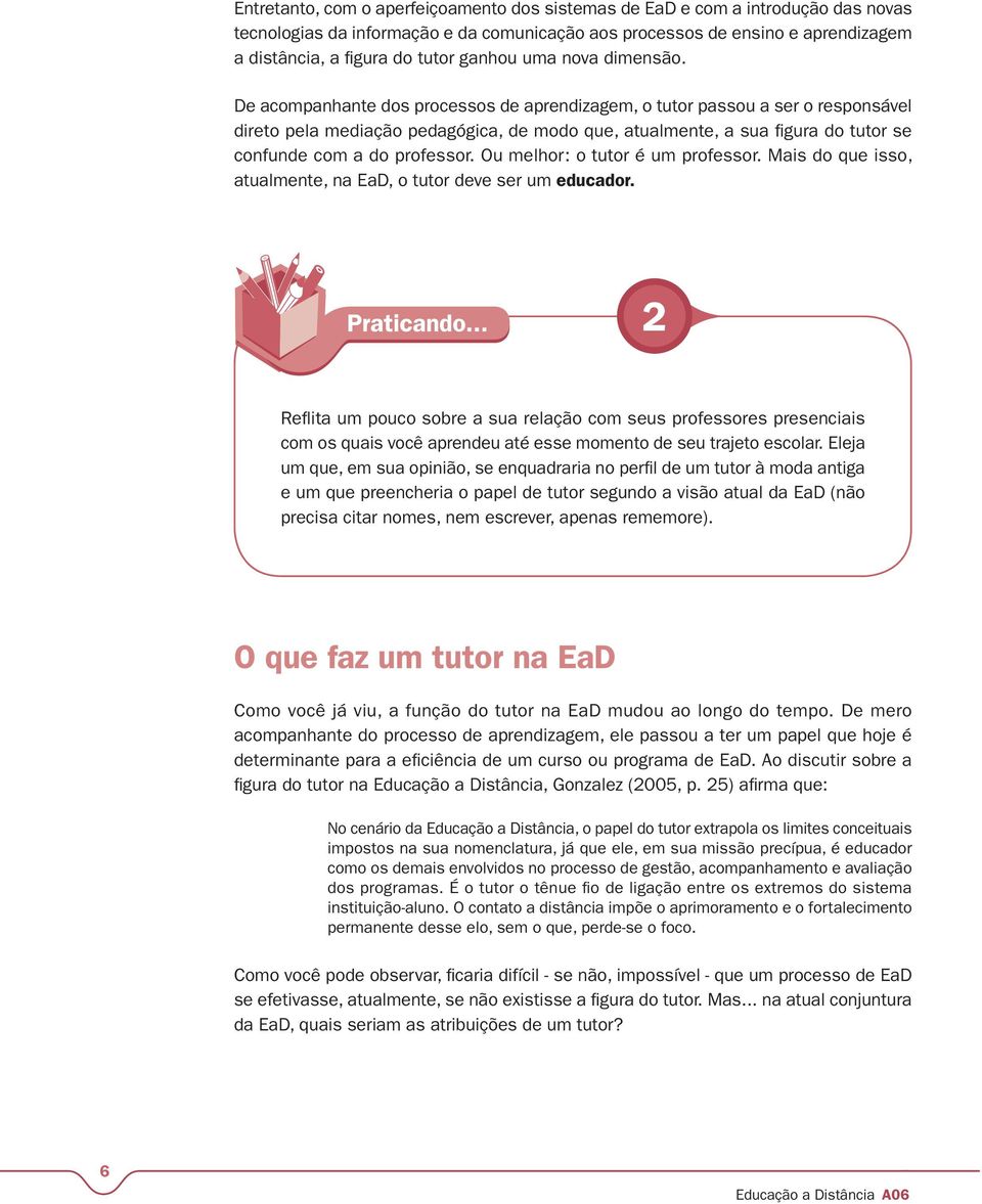 De acompanhante dos processos de aprendizagem, o tutor passou a ser o responsável direto pela mediação pedagógica, de modo que, atualmente, a sua fi gura do tutor se confunde com a do professor.