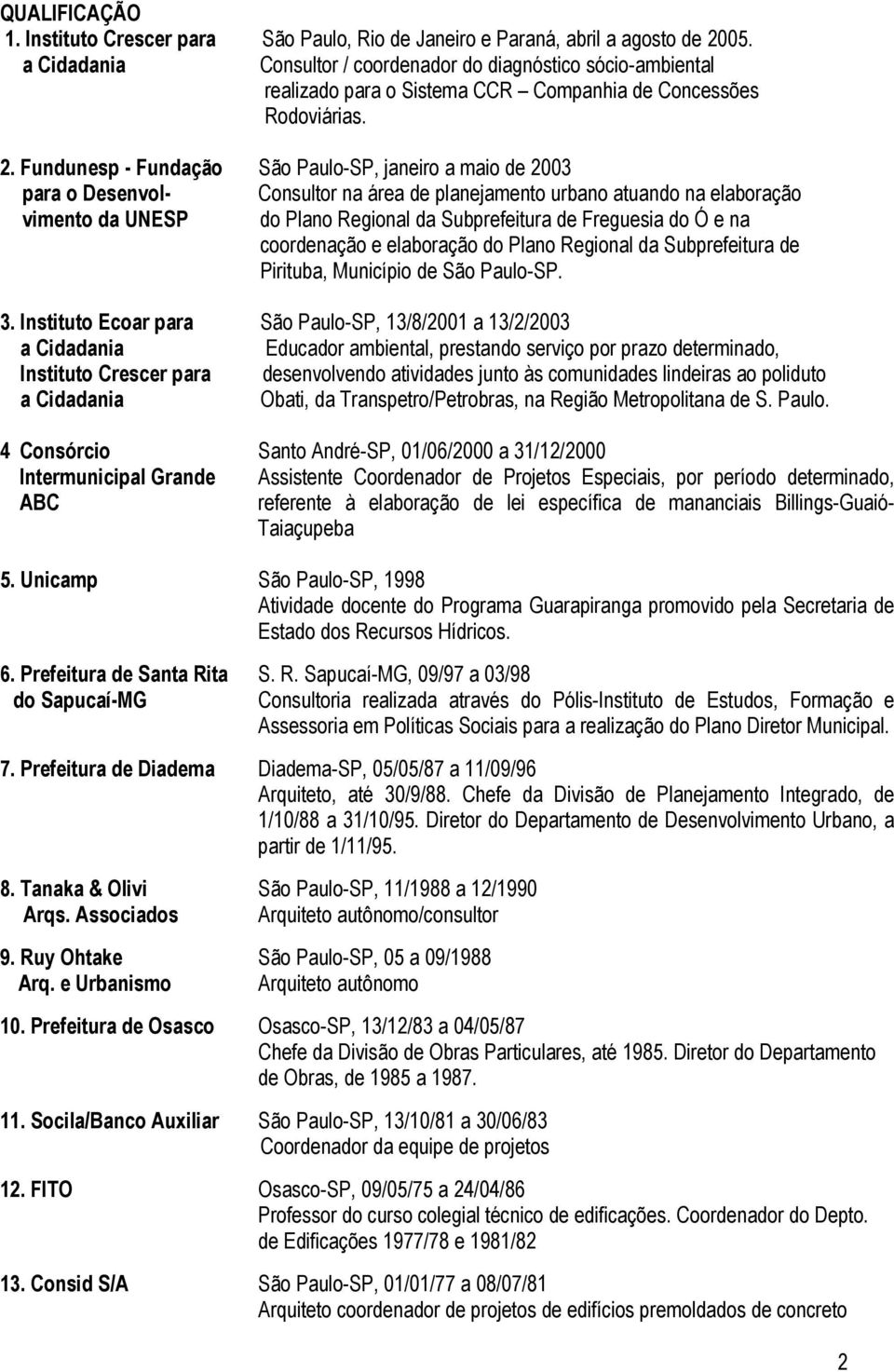 Fundunesp - Fundação São Paulo-SP, janeiro a maio de 2003 para o Desenvol- Consultor na área de planejamento urbano atuando na elaboração vimento da UNESP do Plano Regional da Subprefeitura de