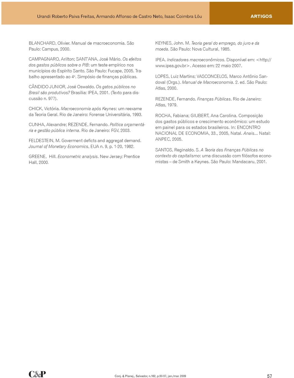 CÂNDIDO JUNIOR, José Oswaldo. Os gatos públicos no Brasil são produtivos? Brasília: IPEA, 2001. (Texto para discussão n. 977). CHICK, Victória. Macroeconomia após Keynes: um reexame da Teoria Geral.