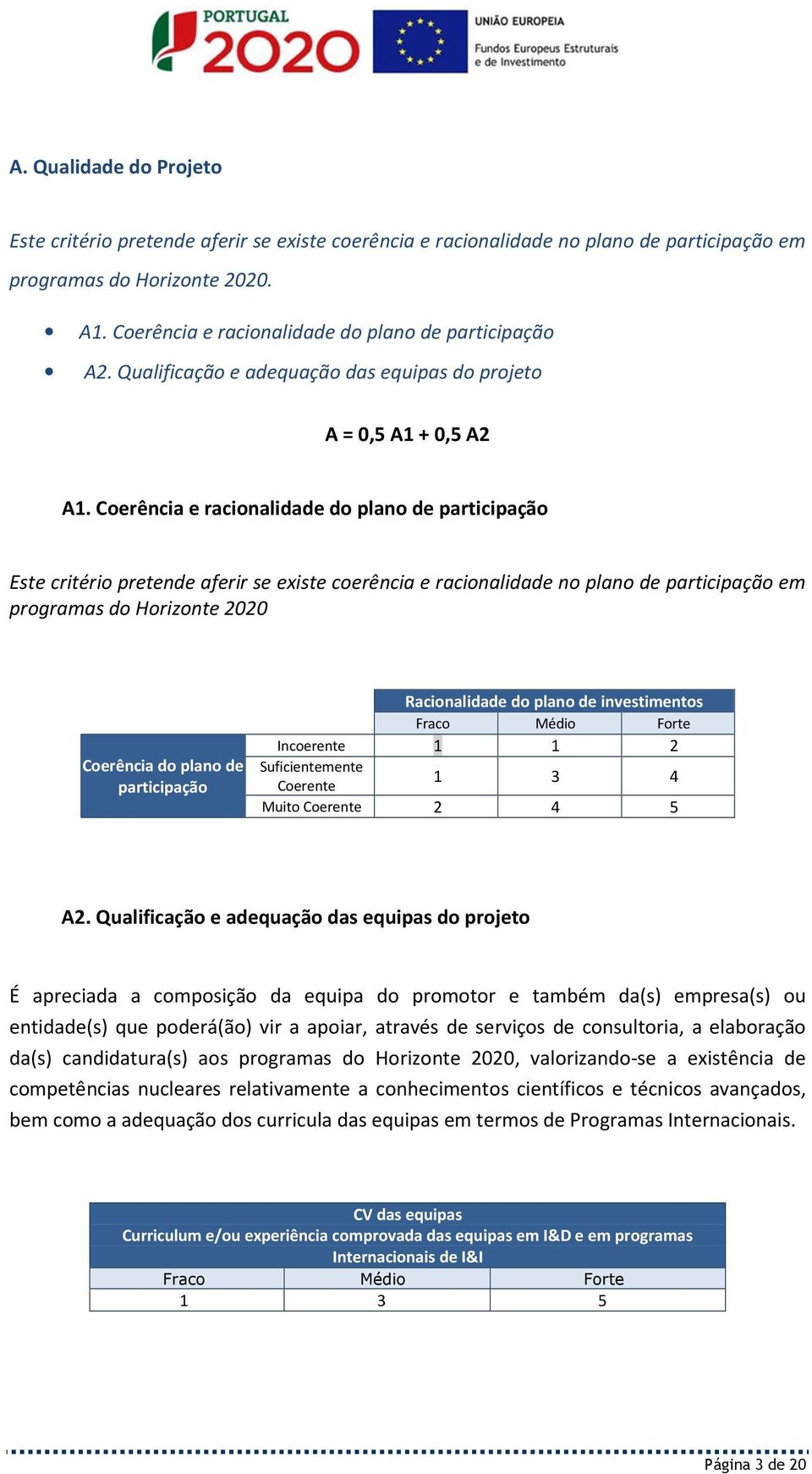 Coerência e racionalidade do plano de participação Este critério pretende aferir se existe coerência e racionalidade no plano de participação em programas do Horizonte 2020 Coerência do plano de