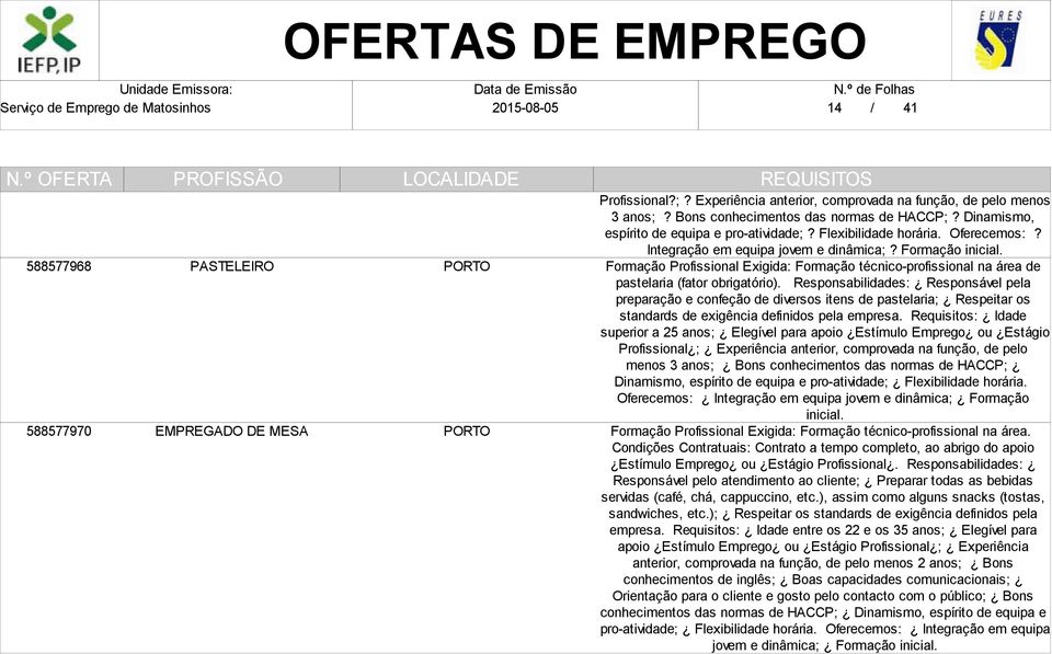 Formação Profissional Exigida: Formação técnico-profissional na área de pastelaria (fator obrigatório).