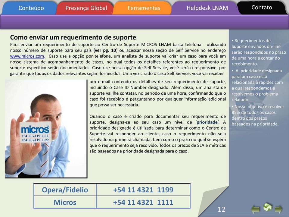 Caso use a opção por telefone, um analista de suporte vai criar um caso para você em nosso sistema de acompanhamento de casos, no qual todos os detalhes referentes ao requerimento de suporte