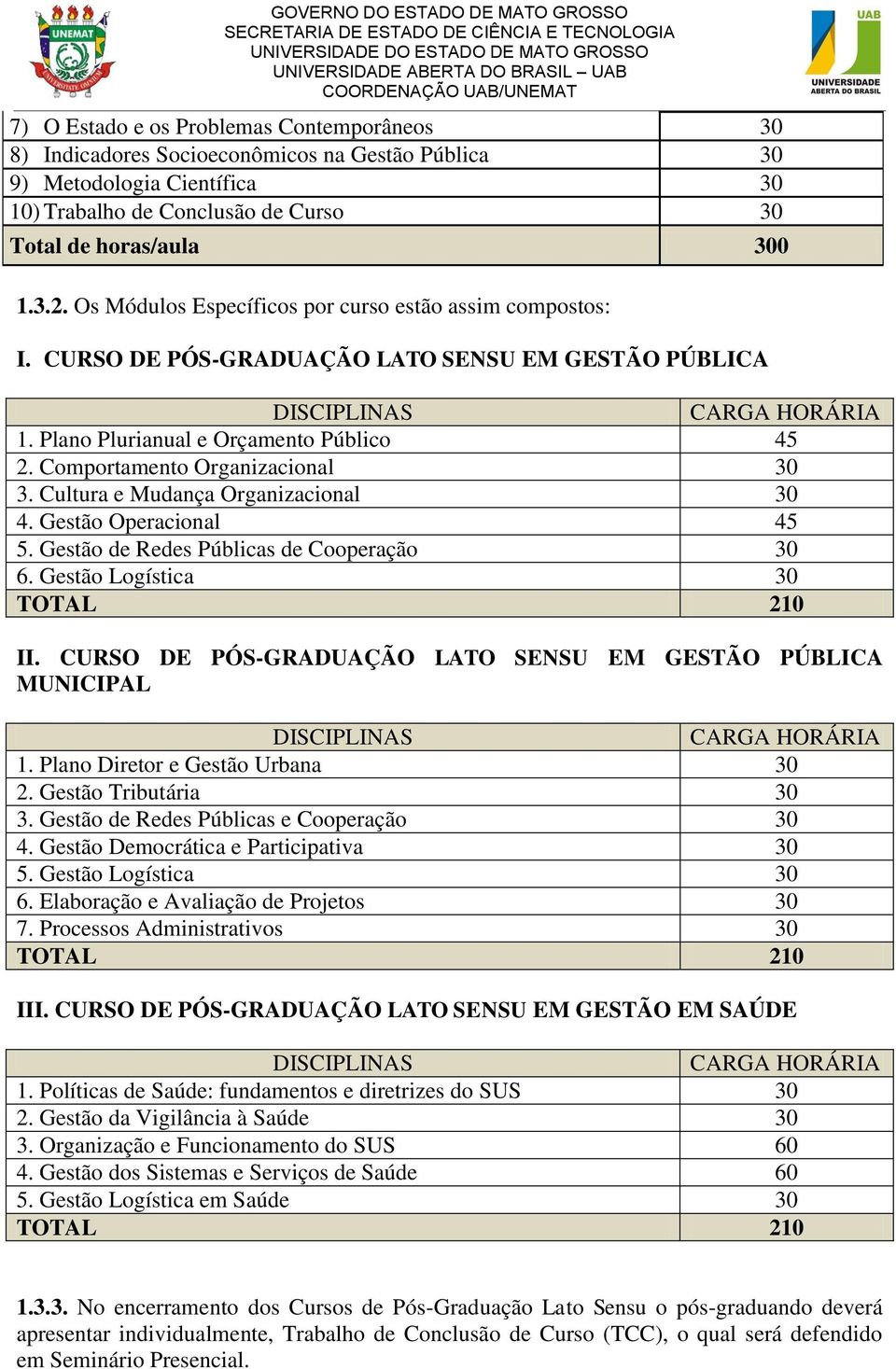 Comportamento Organizacional 30 3. Cultura e Mudança Organizacional 30 4. Gestão Operacional 45 5. Gestão de Redes Públicas de Cooperação 30 6. Gestão Logística 30 TOTAL 210 II.