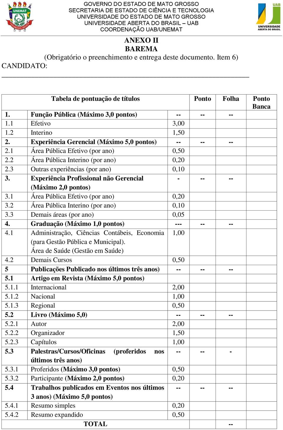 3 Outras experiências (por ano) 0,10 3. Experiência Profissional não Gerencial - -- -- (Máximo 2,0 pontos) 3.1 Área Pública Efetivo (por ano) 0,20 3.2 Área Pública Interino (por ano) 0,10 3.