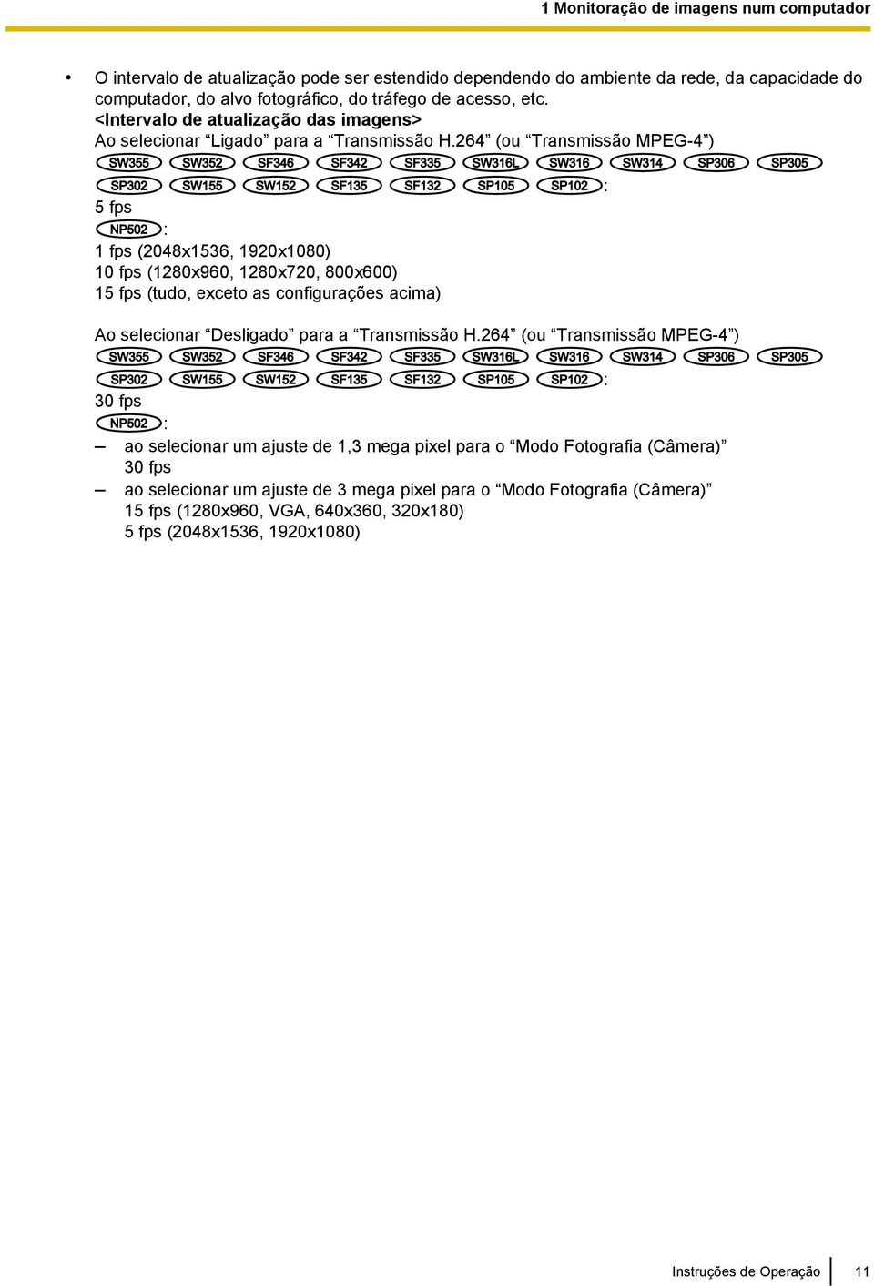 264 (ou Transmissão MPEG-4 ) SW355 SW352 SF346 SF342 SF335 SW316L SW316 SW314 SP306 SP305 SP302 SW155 SW152 SF135 SF132 SP105 SP102 : 5 fps NP502 : 1 fps (2048x1536, 1920x1080) 10 fps (1280x960,