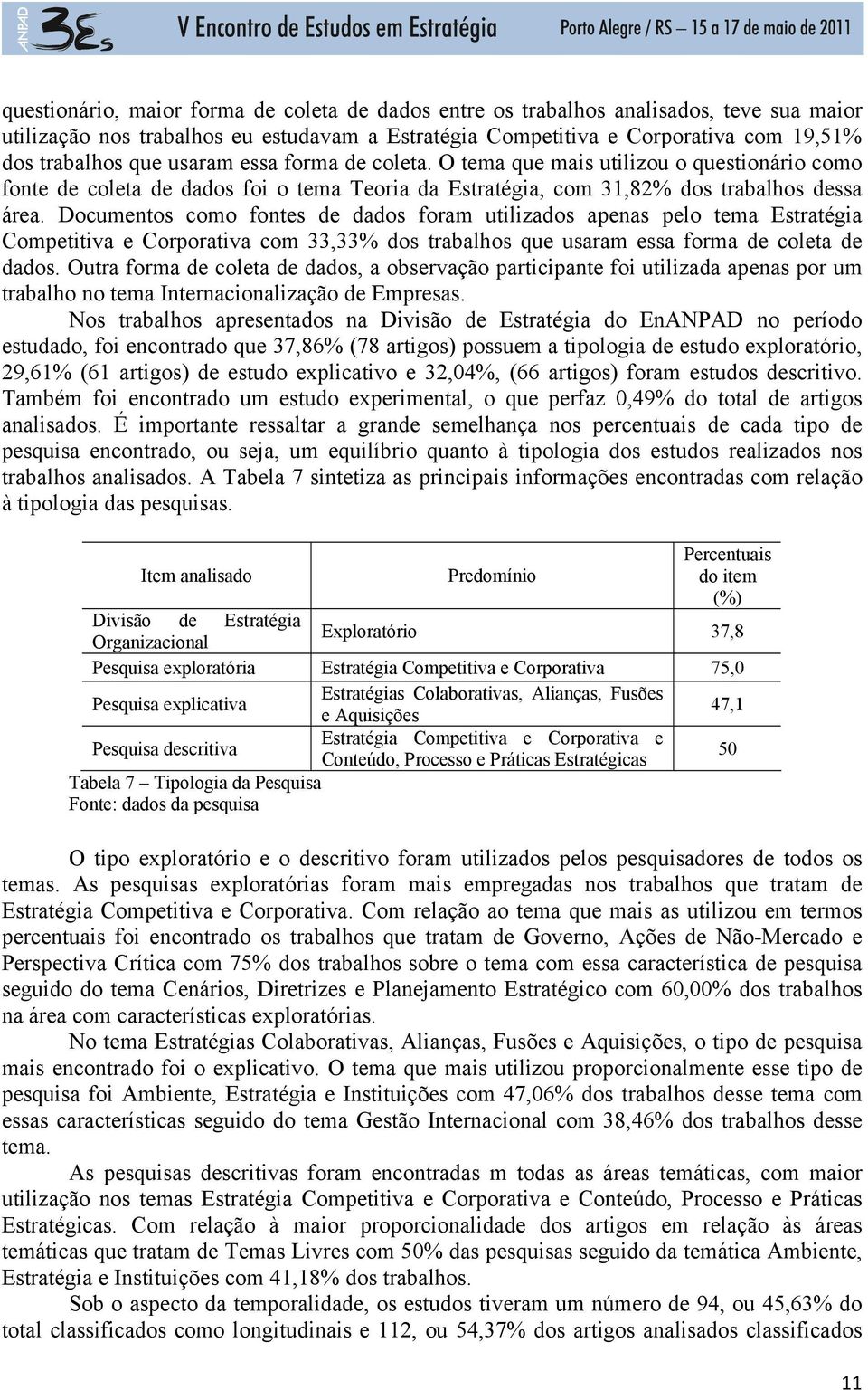 Documentos como fontes de dados foram utilizados apenas pelo tema Estratégia Competitiva e Corporativa com 33,33% dos trabalhos que usaram essa forma de coleta de dados.