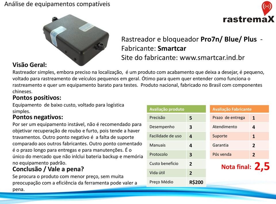 Ótimo para quem quer entender como funciona o rastreamento e quer um equipamento barato para testes. Produto nacional, fabricado no Brasil com componentes chineses.