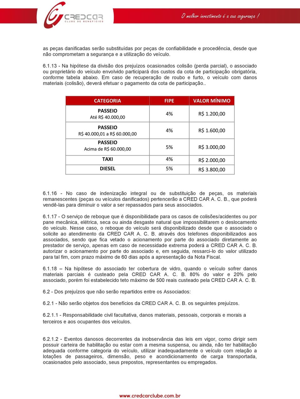 tabela abaixo. Em caso de recuperação de roubo e furto, o veículo com danos materiais (colisão), deverá efetuar o pagamento da cota de participação.. CATEGORIA FIPE VALOR MÍNIMO PASSEIO Até R$ 40.