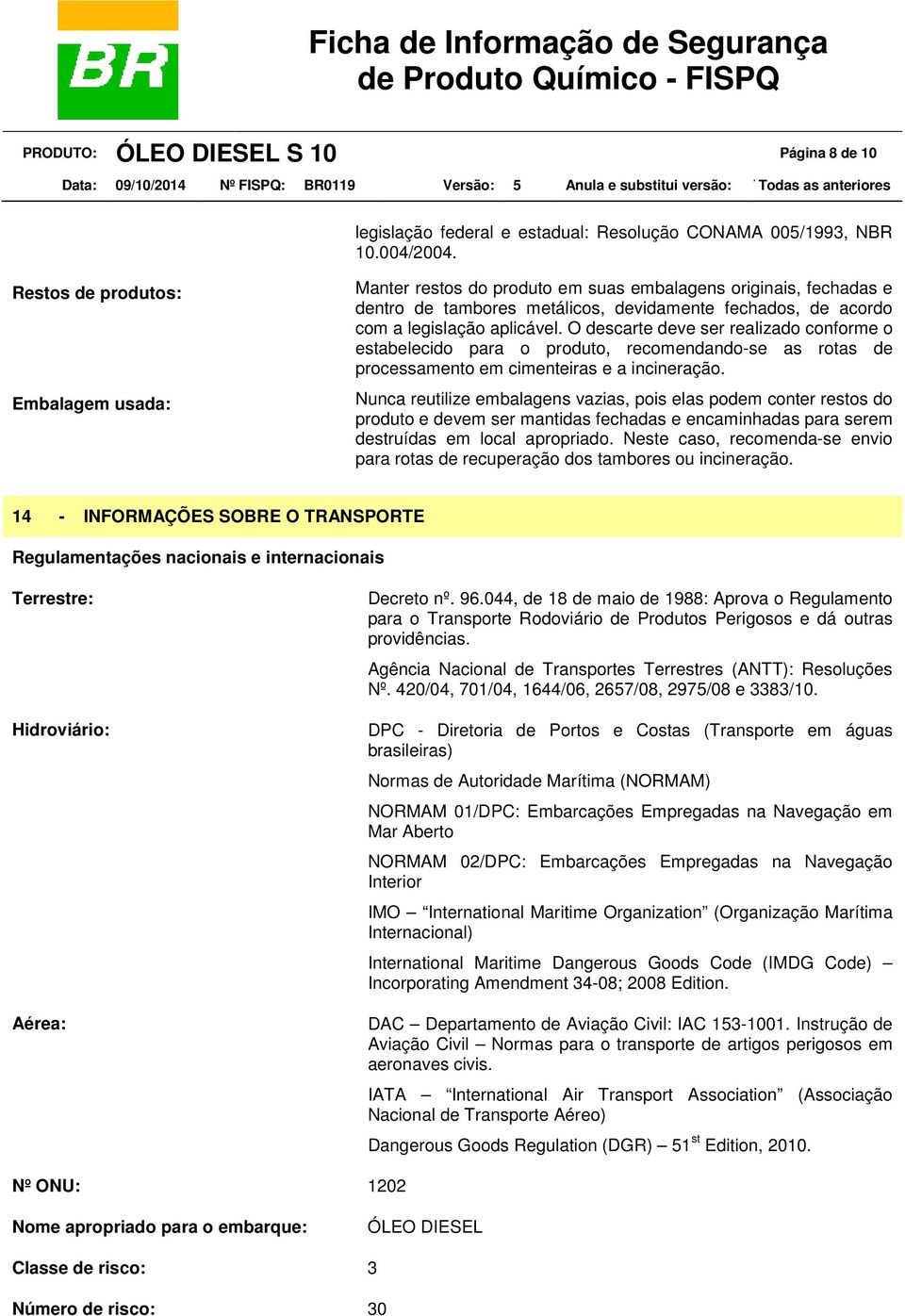 O descarte deve ser realizado conforme o estabelecido para o produto, recomendando-se as rotas de processamento em cimenteiras e a incineração.