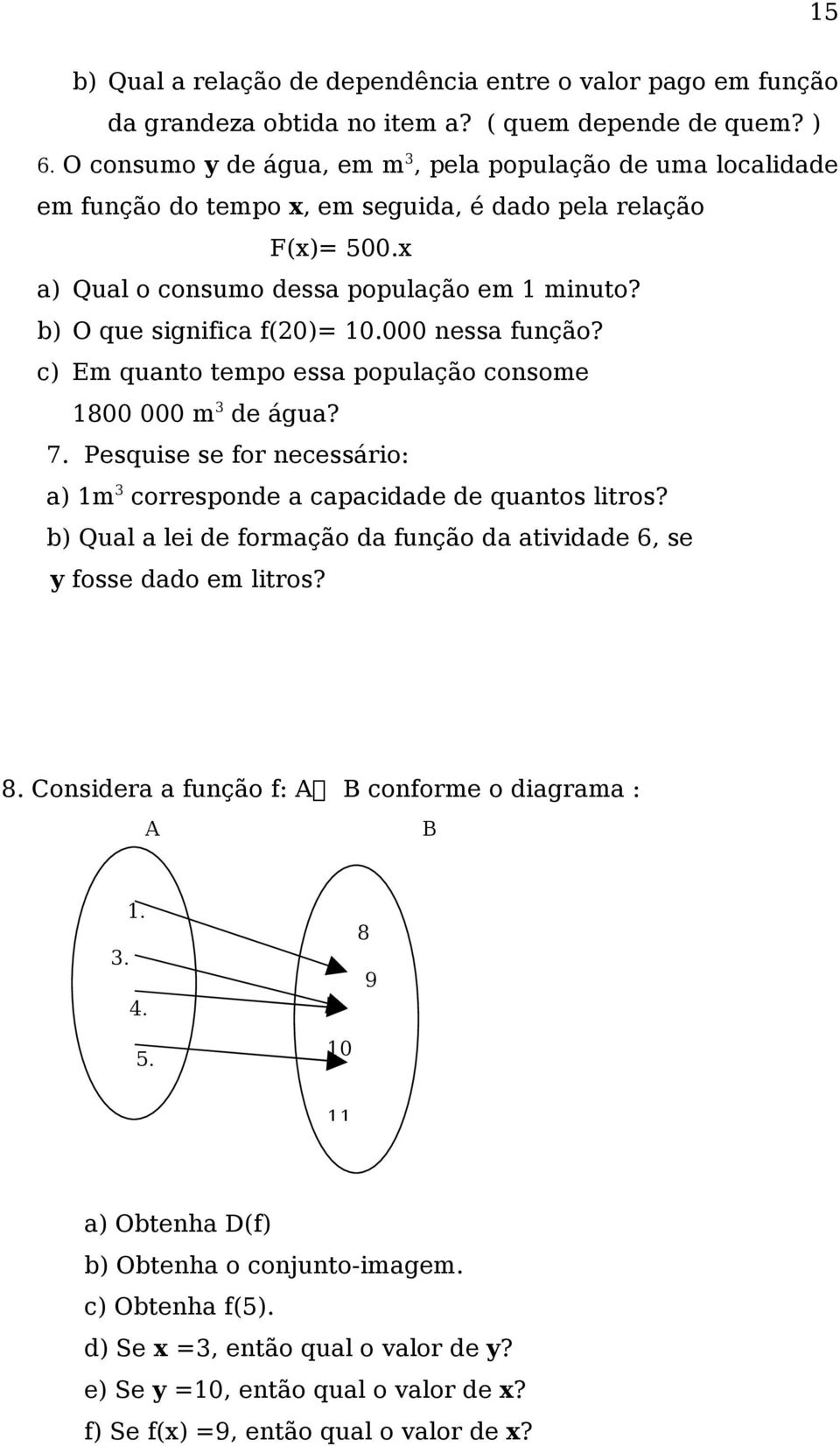 b) O que significa f(20)= 10.000 nessa função? c) Em quanto tempo essa população consome 1800 000 m 3 de água? 7. Pesquise se for necessário: a) 1m 3 corresponde a capacidade de quantos litros?