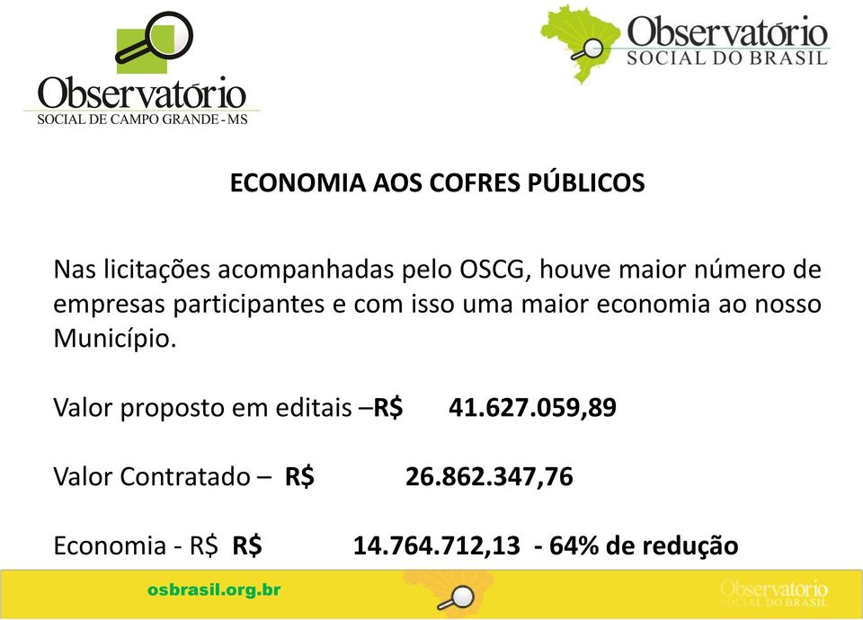 economia ao nosso Município. Valor proposto em editais R$ 41.627.