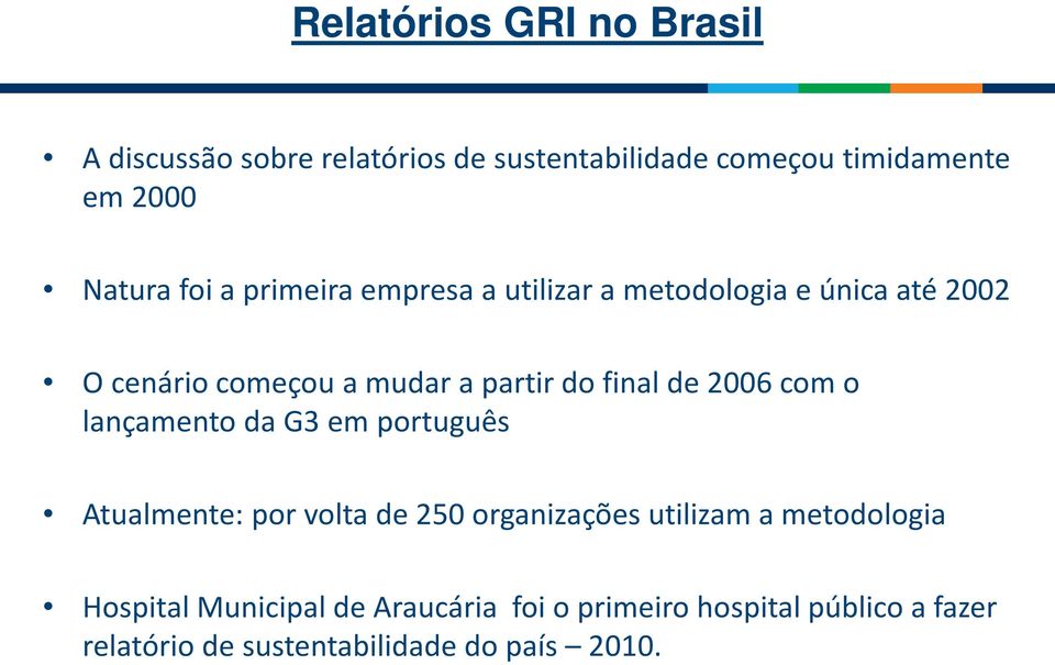 de 2006 com o lançamento da G3 em português Atualmente: por volta de 250 organizações utilizam a metodologia