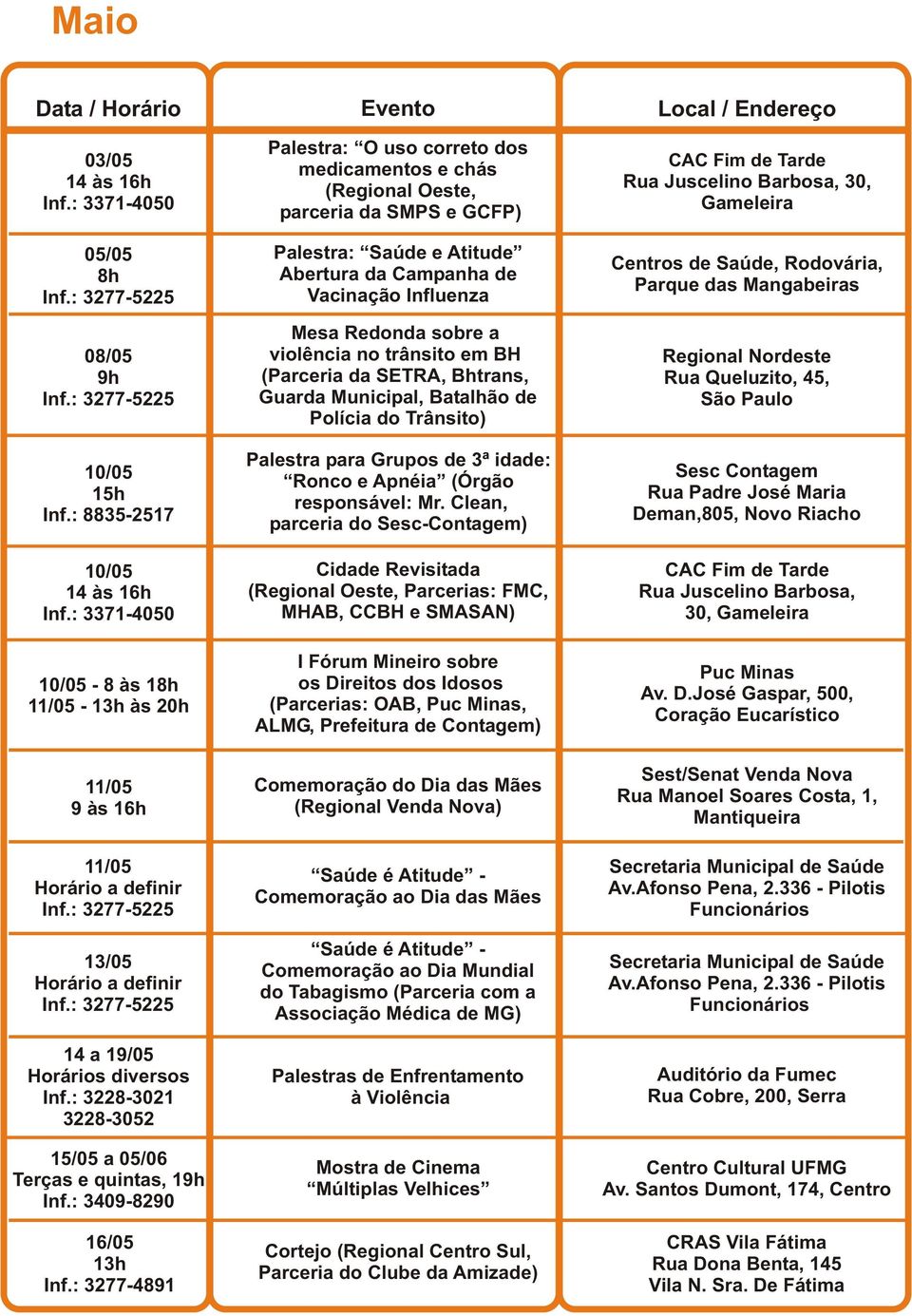 : 3277-4891 Palestra: O uso correto dos medicamentos e chás (Regional Oeste, parceria da SMPS e GCFP) Palestra: Saúde e Atitude Abertura da Campanha de Vacinação Influenza Mesa Redonda sobre a