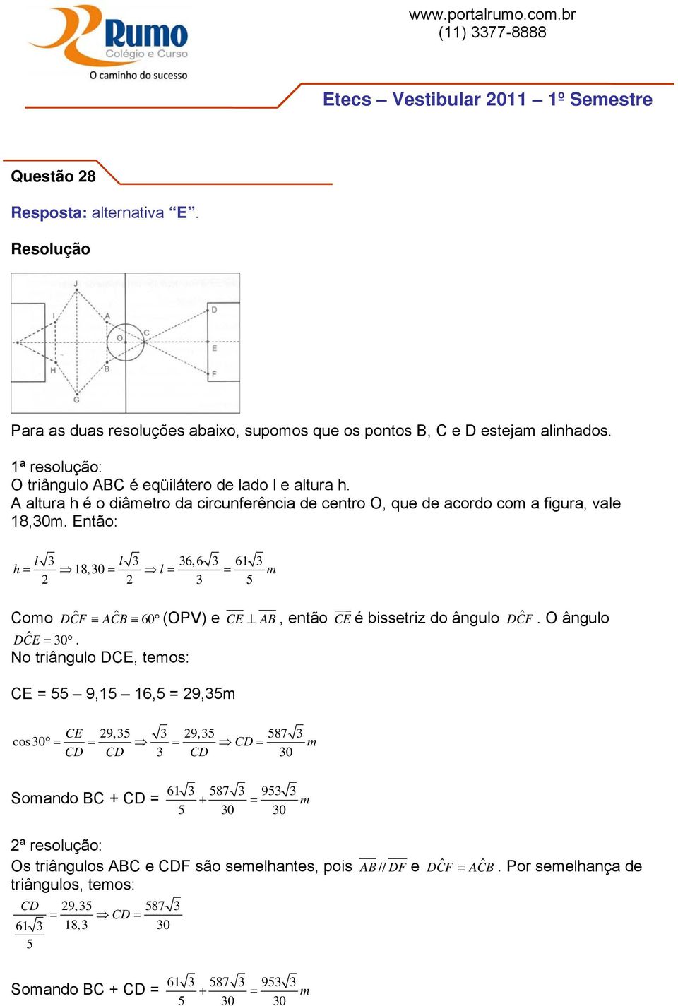 Então: l 3 l 3 36,6 3 61 3 h= 18,30 = l = = m 2 2 3 5 Como DCF ˆ ACB ˆ 60 (OPV) e CE AB DCE ˆ = 30.