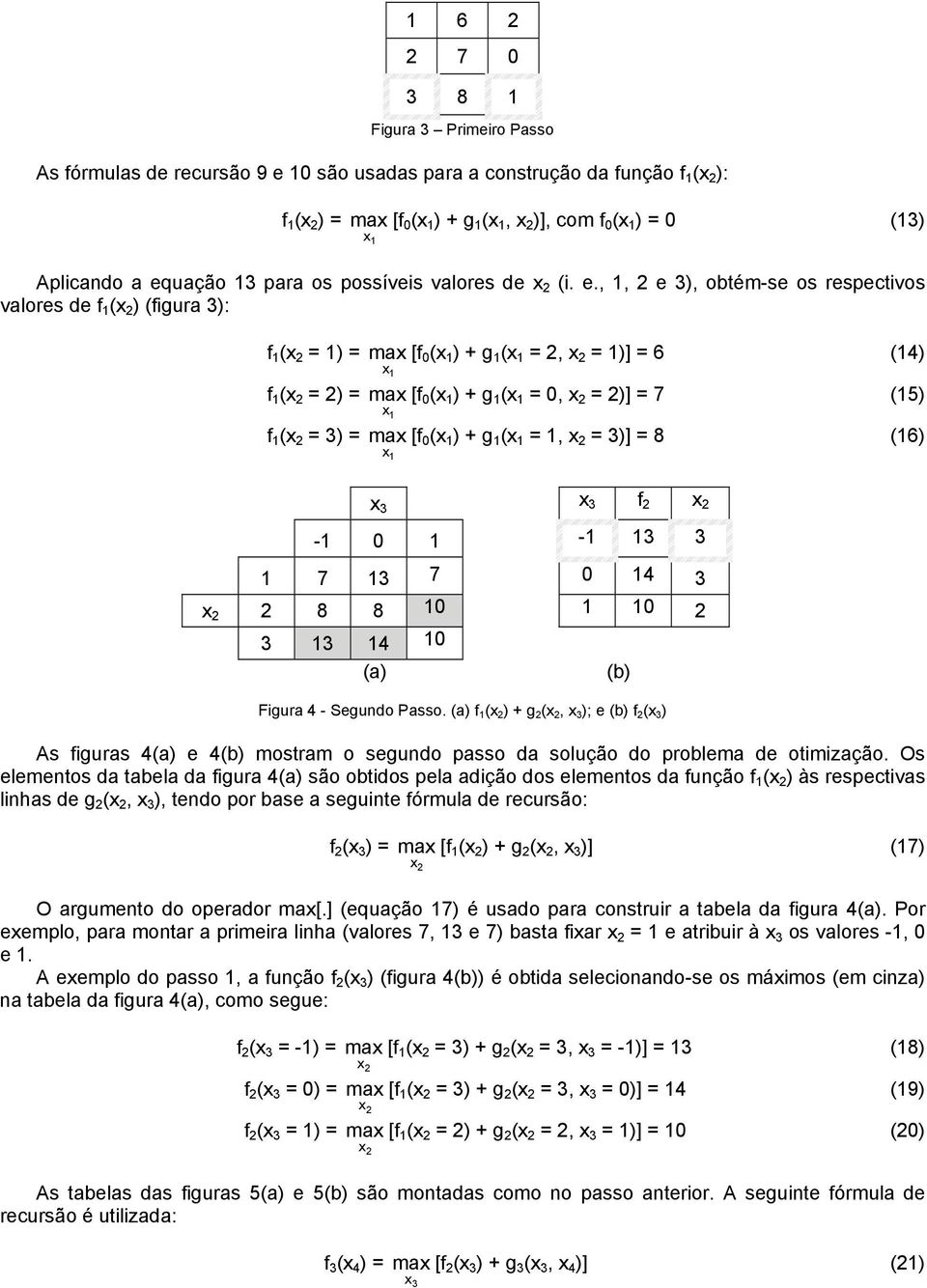 ,, e 3), obtém-se os respectvos valores de f (x ) (fgura 3): f (x = ) = f (x = ) = f (x = 3) = max [f 0 (x ) + g (x =, x = )] = 6 (4) x max [f 0 (x ) + g (x = 0, x = )] = 7 (5) x max [f 0 (x ) + g (x