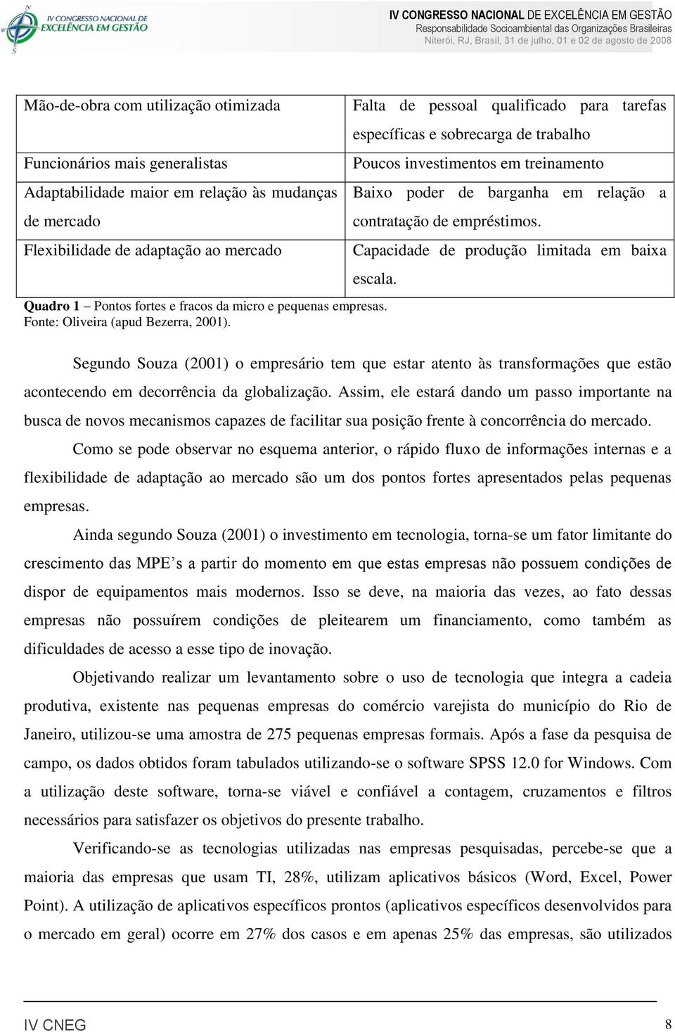 Quadro 1 Pontos fortes e fracos da micro e pequenas empresas. Fonte: Oliveira (apud Bezerra, 2001).