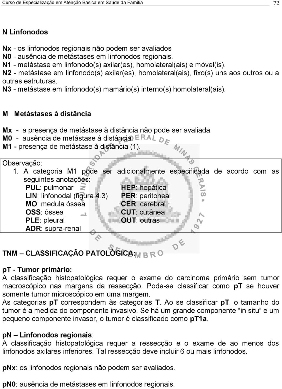 N3 - metástase em linfonodo(s) mamário(s) interno(s) homolateral(ais). M Metástases à distância Mx - a presença de metástase à distância não pode ser avaliada. - ausência de metástase à distância.