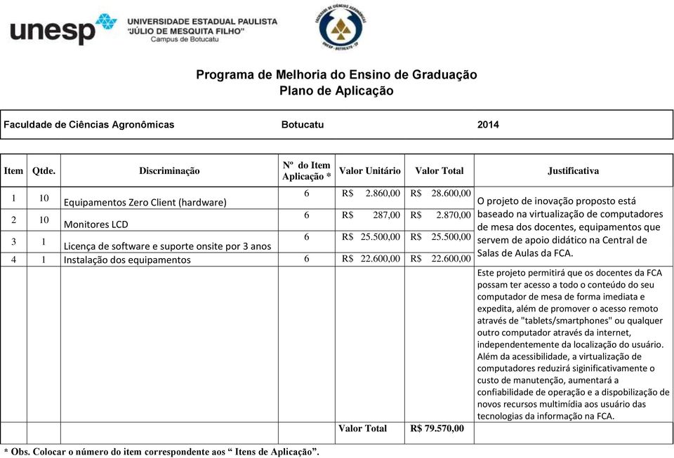 870,00 baseado na virtualização de computadores 2 10 Monitores LCD de mesa dos docentes, equipamentos que 6 R$ 25.500,00 R$ 25.