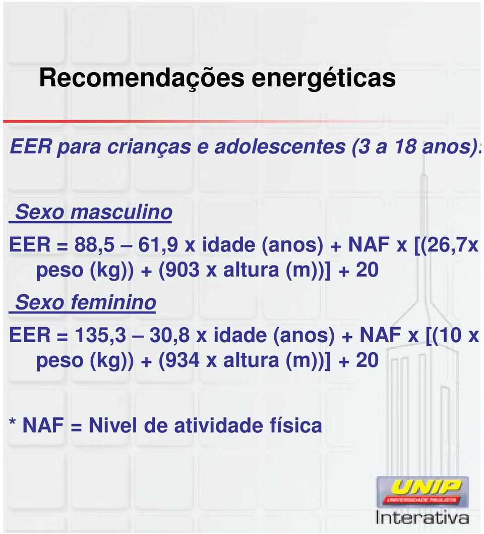 (903 x altura (m))] + 20 Sexo feminino EER = 135,3 30,8 x idade (anos) + NAF