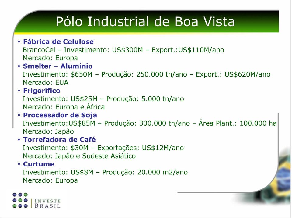 : US$620M/ano Mercado: EUA Frigorífico Investimento: US$25M Produção: 5.