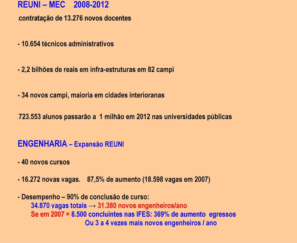 553 alunos passarão a 1 milhão em 2012 nas universidades públicas ENGENHARIA Expansão REUNI - 40 novos cursos ( 2007-16.272 novas vagas.