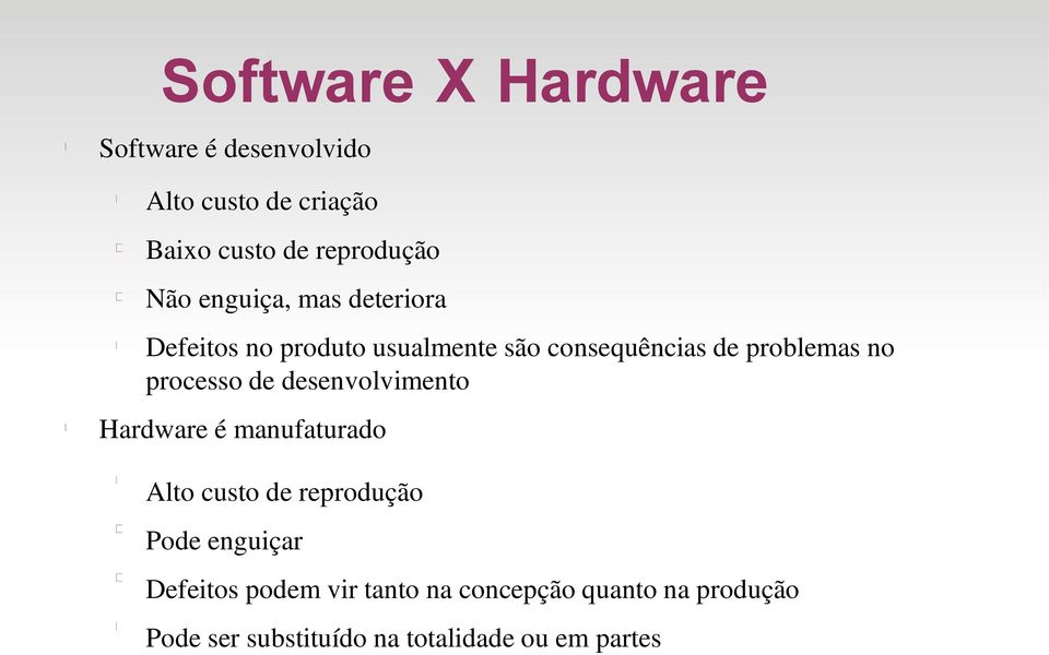 processo de desenvolvimento Hardware é manufaturado Alto custo de reprodução Pode enguiçar