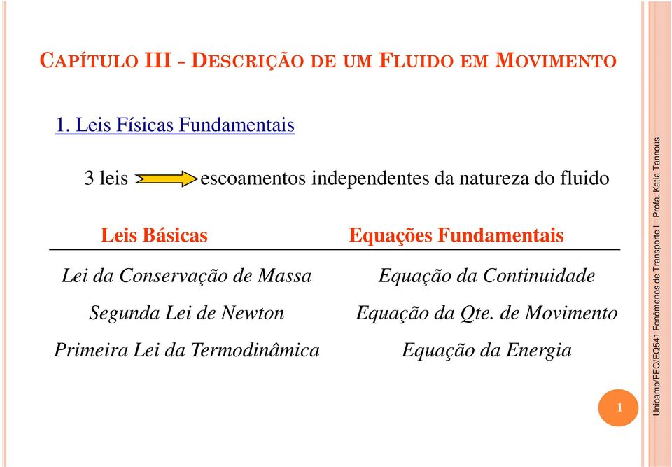 Equações Fundamentais Lei da Consevação de Massa Equação da Continuidade Segunda Lei de Newton