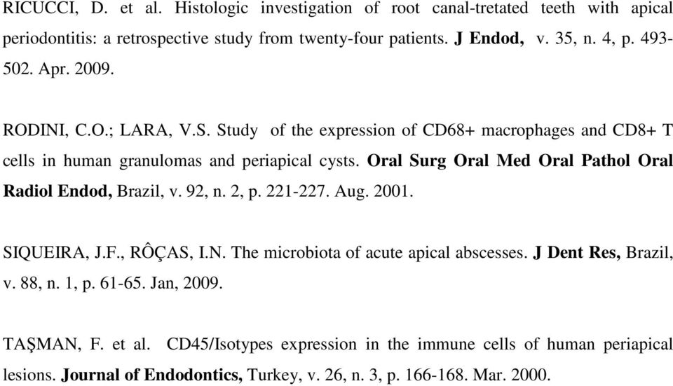 Oral Surg Oral Med Oral Pathol Oral Radiol Endod, Brazil, v. 92, n. 2, p. 221-227. Aug. 2001. SIQUEIRA, J.F., RÔÇAS, I.N. The microbiota of acute apical abscesses.