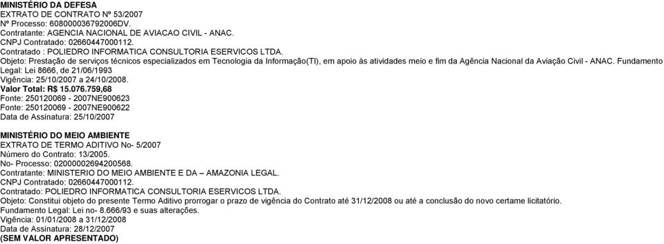 Fundamento Legal: Lei 8666, de 21/06/1993 Vigência: 25/10/2007 a 24/10/2008. Valor Total: R$ 15.076.