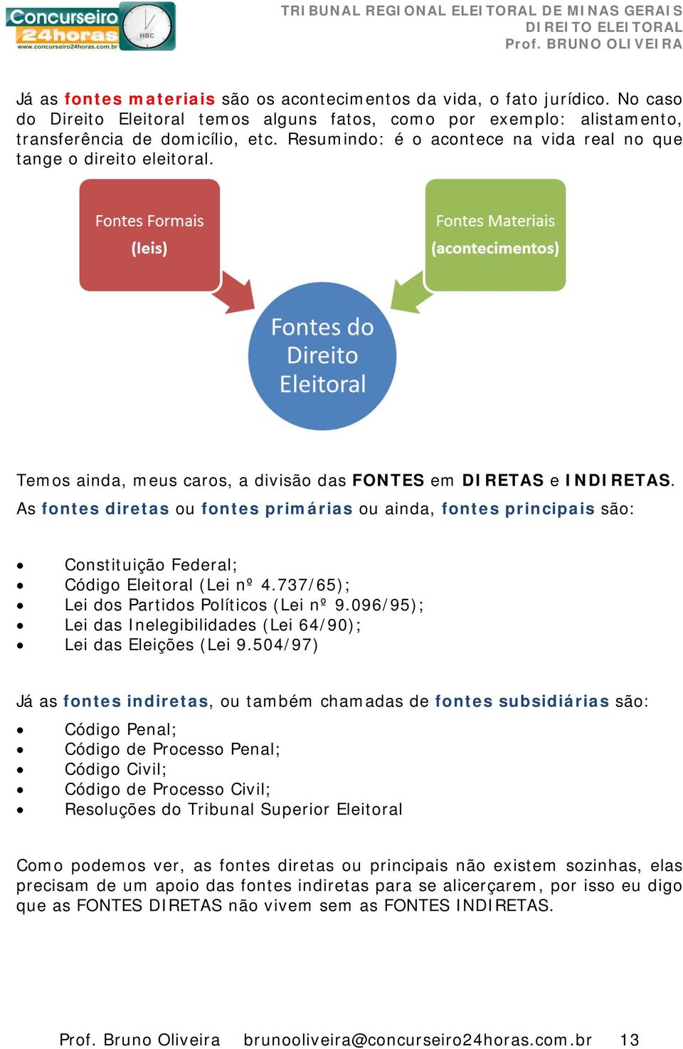 As fontes diretas ou fontes primárias ou ainda, fontes principais são: Constituição Federal; Código Eleitoral (Lei nº 4.737/65); Lei dos Partidos Políticos (Lei nº 9.