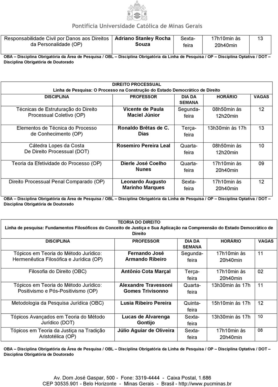 C. Dias 13h30min às 17h 13 Cátedra Lopes da Costa De Direito Processual (DOT) Rosemiro Pereira Leal 10 Teoria da Efetividade do Processo Dierle José Coelho Nunes 09 Direito Processual Penal Comparado