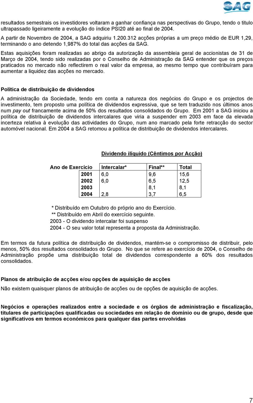 Estas aquisições foram realizadas ao abrigo da autorização da assembleia geral de accionistas de 31 de Março de 2004, tendo sido realizadas por o Conselho de Administração da SAG entender que os