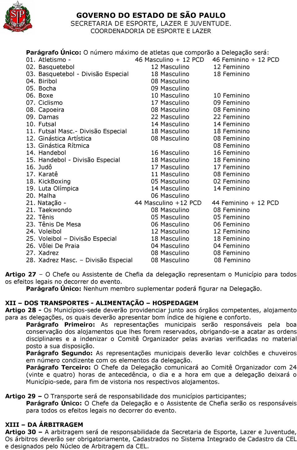 Capoeira 08 Masculino 08 Feminino 09. Damas 22 Masculino 22 Feminino 10. Futsal 14 Masculino 14 Feminino 11. Futsal Masc.- Divisão Especial 18 Masculino 18 Feminino 12.