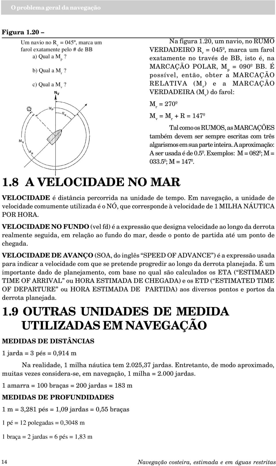 É possível, então, obter a MARCAÇÃO RELATIVA (M r ) e a MARCAÇÃO VERDADEIRA (M v ) do farol: M r = 270º M v = M r + R = 147º Tal como os RUMOS, as MARCAÇÕES também devem ser sempre escritas com três