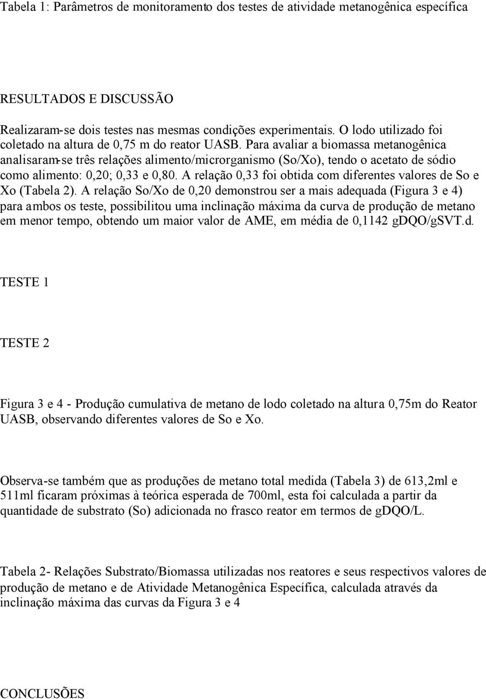 Para avaliar a biomassa metanogênica analisaram-se três relações alimento/microrganismo (So/Xo), tendo o acetato de sódio como alimento: 0,20; 0,33 e 0,80.