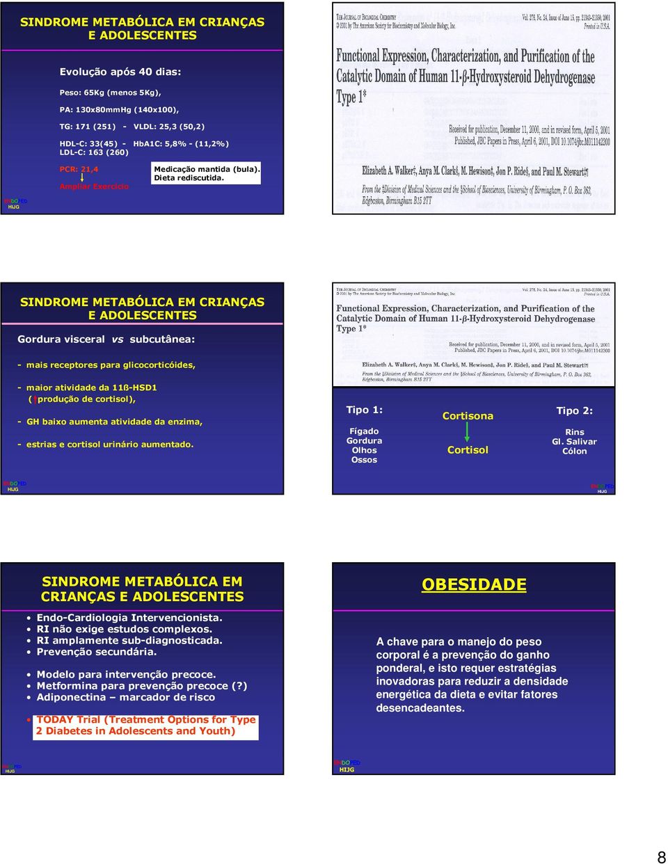 SINDROME METABÓLICA EM CRIANÇAS E ADOLESCENTES Gordura visceral vs subcutânea: - mais receptores para glicocorticóides, - maior atividade da 11ß-HSD1 ( produção de cortisol), - GH baixo aumenta