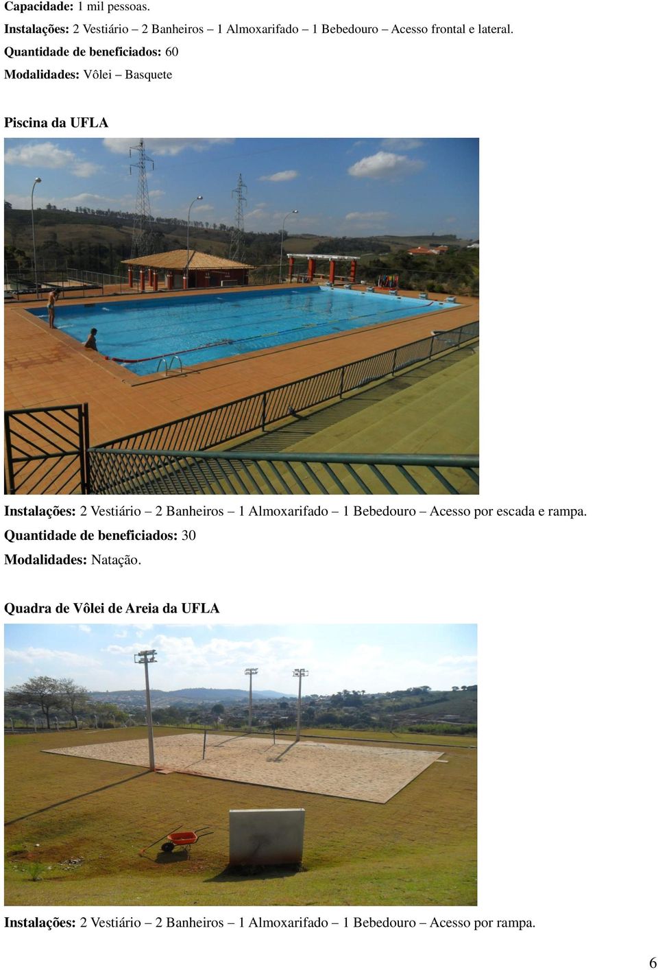 Quantidade de beneficiados: 60 Modalidades: Vôlei Basquete Piscina da UFLA Instalações: 2 Vestiário 2 Banheiros