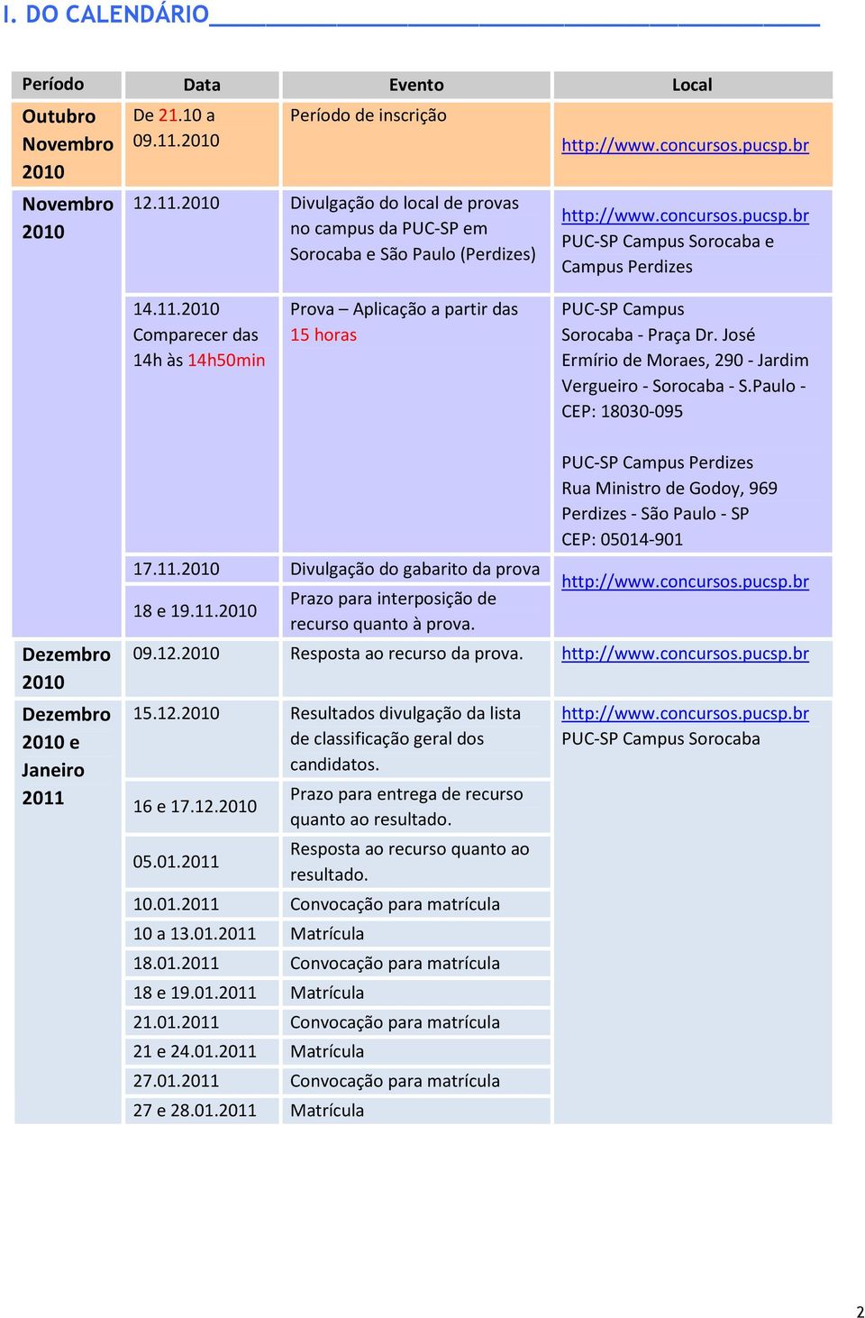 2010 Comparecer das 14h às 14h50min Prova Aplicação a partir das 15 horas PUC-SP Campus Sorocaba - Praça Dr. José Ermírio de Moraes, 290 - Jardim Vergueiro - Sorocaba - S.