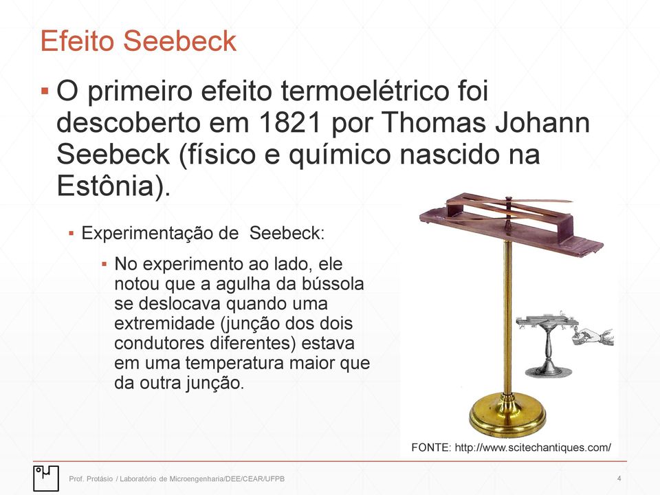 Experimentação de Seebeck: No experimento ao lado, ele notou que a agulha da bússola se deslocava quando uma