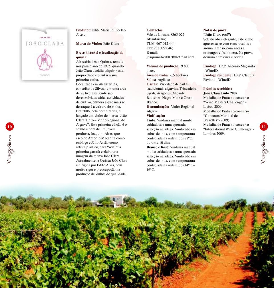 Em 2006, pela primeira vez, é lançado um vinho marca João Clara Tinto Vinho Regional do Vale Lousas, 8365-027 Alcantarilha; TLM: 967 012 444; Fax: 282 322 046; E-mail: joaquimalves007@hotmail.com.