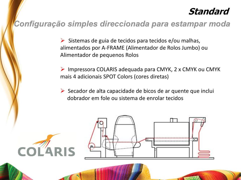 Impressora COLARIS adequada para CMYK, 2 x CMYK ou CMYK mais 4 adicionais SPOT Colors (cores diretas)