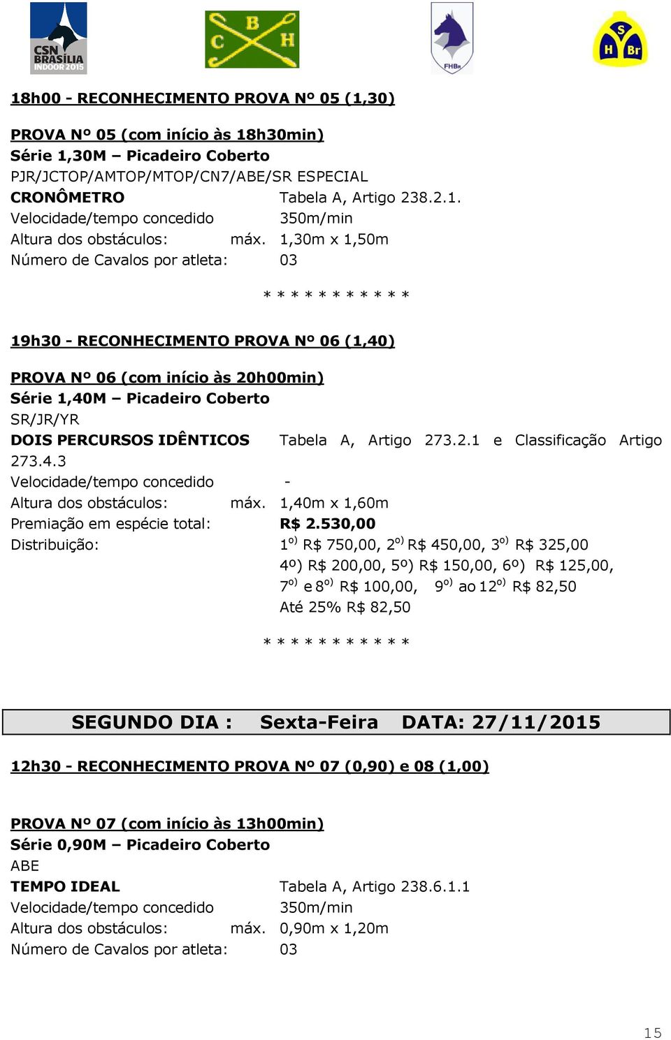 4.3 Velocidade/tempo concedido - Altura dos obstáculos: máx. 1,40m x 1,60m Premiação em espécie total: R$ 2.