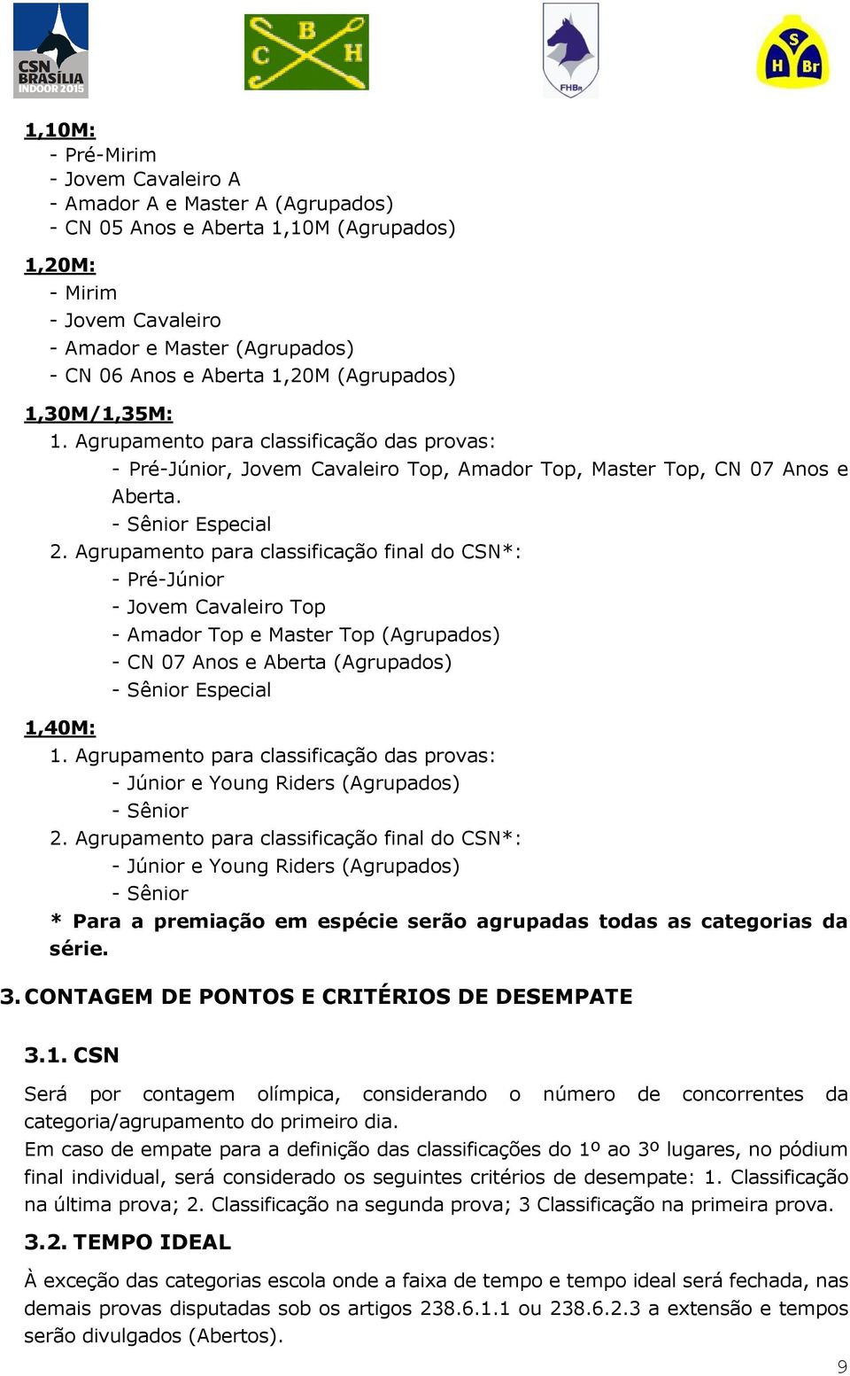 Agrupamento para classificação final do CSN*: 1,40M: - Pré-Júnior - Jovem Cavaleiro Top - Amador Top e Master Top (Agrupados) - CN 07 Anos e Aberta (Agrupados) - Sênior Especial 1.