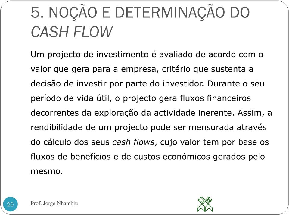 Durante o seu período de vida útil, o projecto gera fluxos financeiros decorrentes da exploração da actividade inerente.