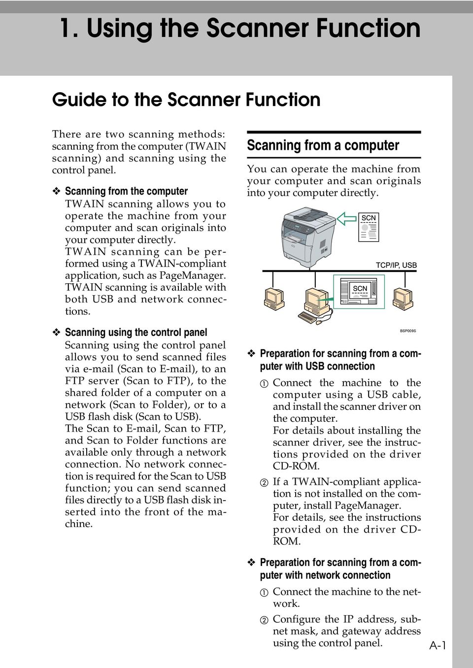 TWAIN scanning can be performed using a TWAIN-compliant application, such as PageManager. TWAIN scanning is available with both USB and network connections.