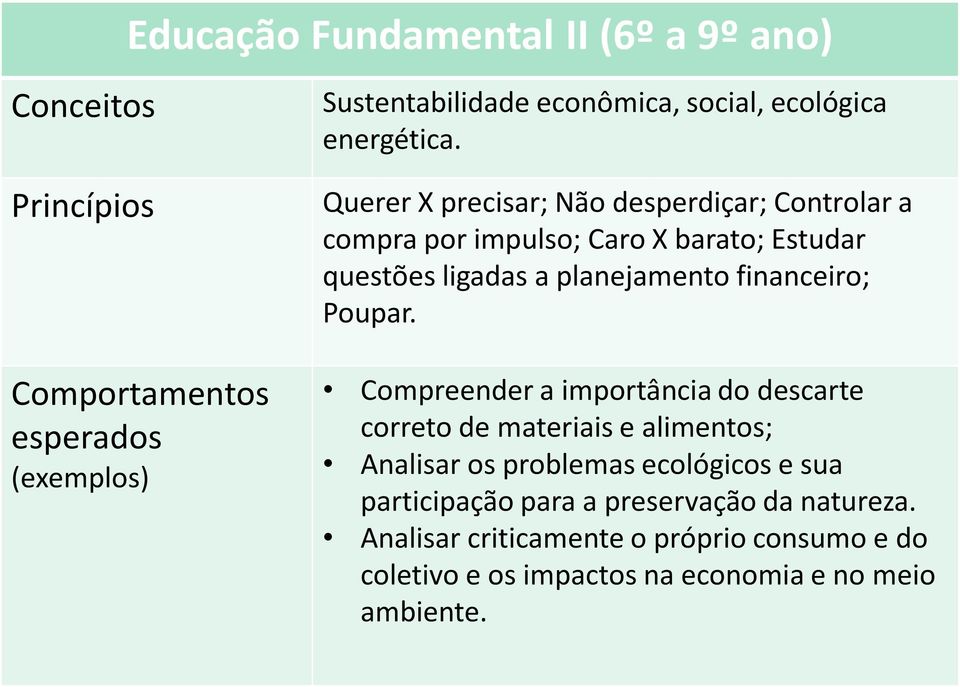 Querer X precisar; Não desperdiçar; Controlar a compra por impulso; Caro X barato; Estudar questões ligadas a planejamento financeiro;