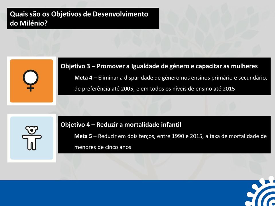 género nos ensinos primário e secundário, de preferência até 2005, e em todos os níveis de ensino